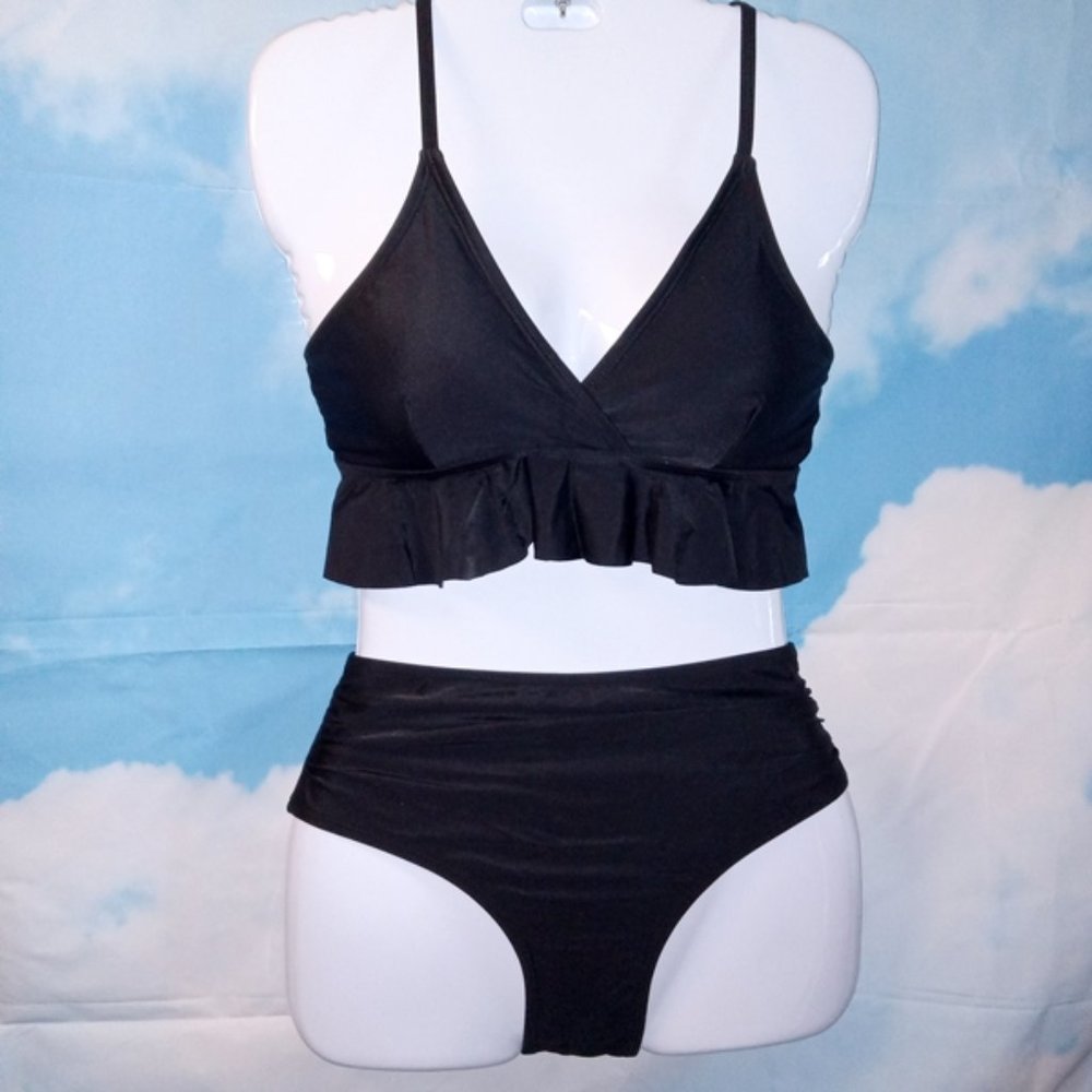 Black Ruffled Halter Bikini Top with High-Waist Tummy Control Bottoms NEW